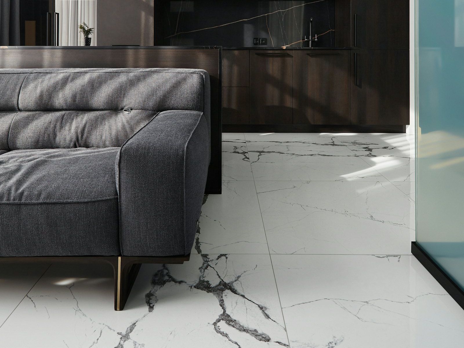 Large-format porcelain tile floor in a modern home
